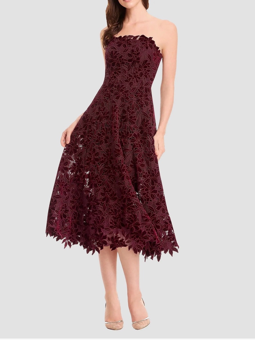Strapless Floral Lace Midi Dress in Deep Burgundy